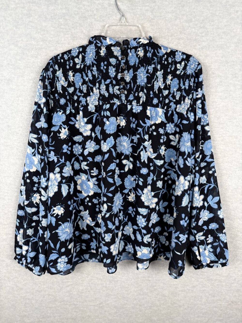 J Crew 3X Smocked Ruffle Neck Chiffon Popover Top Midnight Blue Floral Blouse - Picture 6 of 14